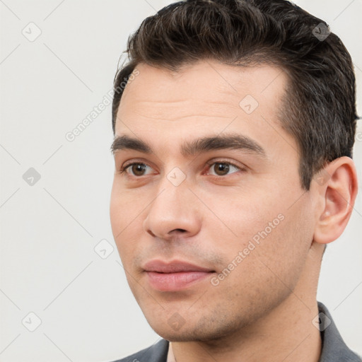 Neutral white young-adult male with short  brown hair and brown eyes