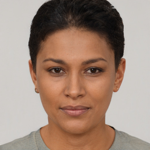 Neutral black young-adult female with short  brown hair and brown eyes
