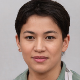 Joyful asian young-adult female with short  brown hair and brown eyes