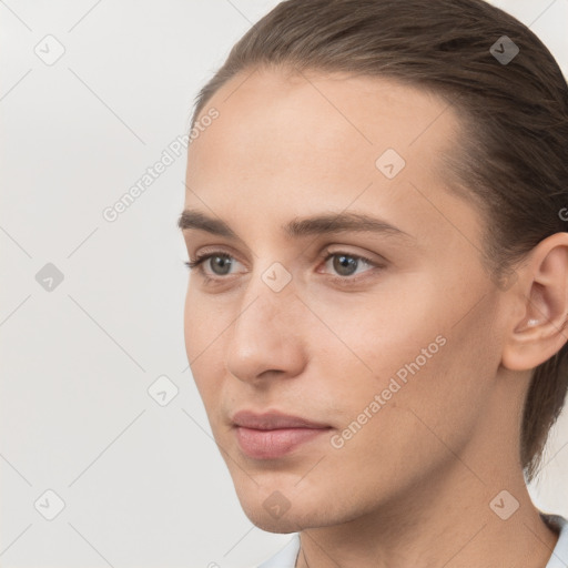 Neutral white young-adult female with medium  brown hair and brown eyes