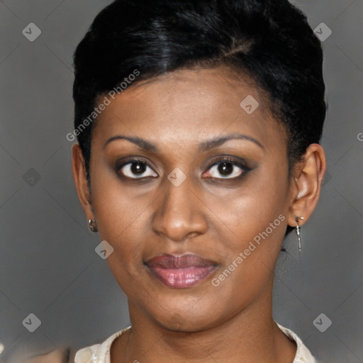 Joyful black young-adult female with short  brown hair and brown eyes