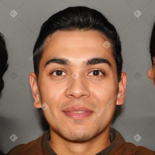 Joyful white young-adult male with short  black hair and brown eyes