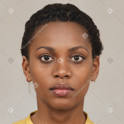 Neutral black young-adult female with short  brown hair and brown eyes