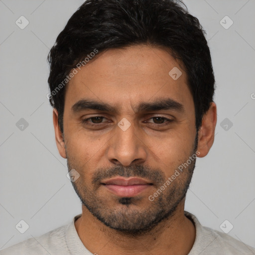 Neutral latino young-adult male with short  black hair and brown eyes