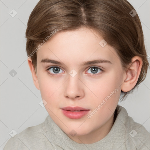 Neutral white young-adult female with medium  brown hair and grey eyes