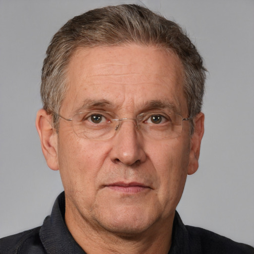 Neutral white middle-aged male with short  brown hair and brown eyes