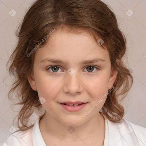 Joyful white child female with medium  brown hair and brown eyes