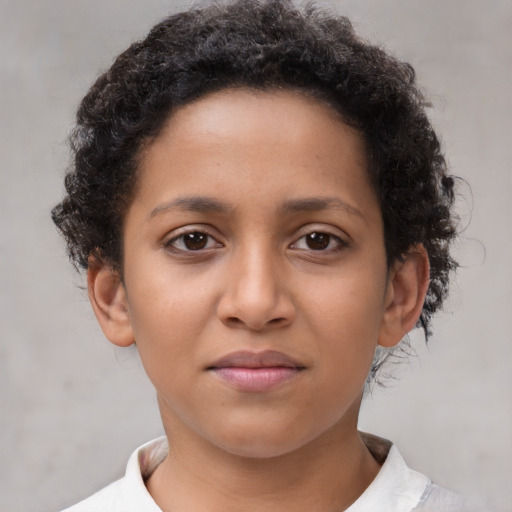 Neutral latino young-adult female with short  brown hair and brown eyes