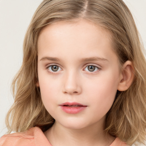 Neutral white child female with long  brown hair and grey eyes