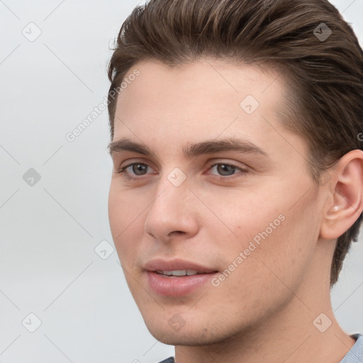 Neutral white young-adult male with short  brown hair and grey eyes