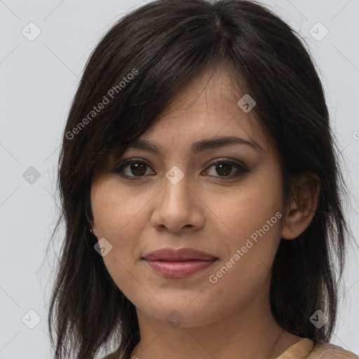 Joyful white young-adult female with long  brown hair and brown eyes