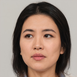 Neutral asian young-adult female with medium  black hair and brown eyes