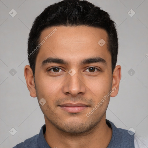 Neutral latino young-adult male with short  black hair and brown eyes