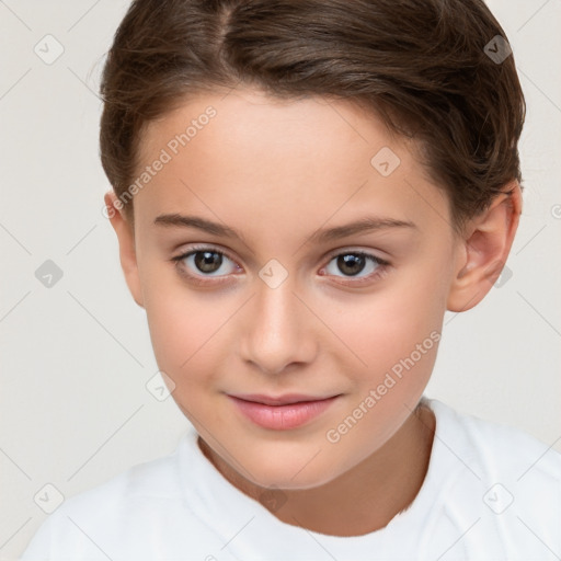 Joyful white child female with short  brown hair and brown eyes