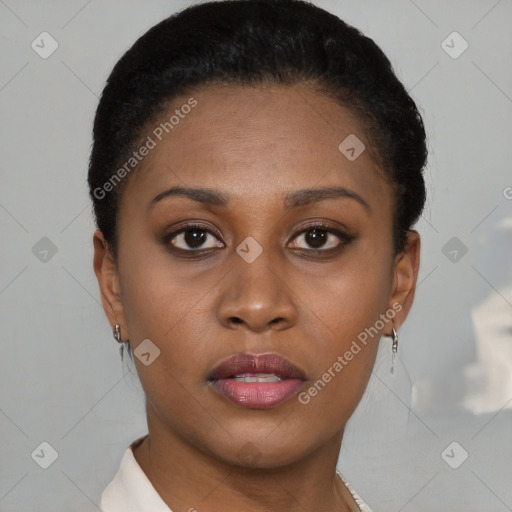 Joyful black young-adult female with short  brown hair and brown eyes