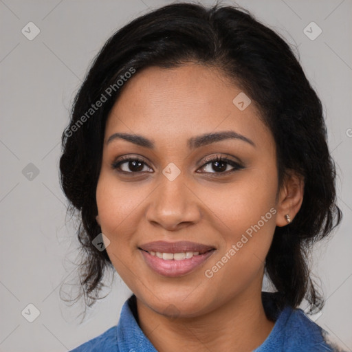 Joyful latino young-adult female with medium  black hair and brown eyes