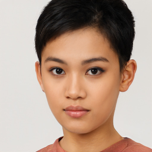 Neutral asian young-adult female with short  black hair and brown eyes