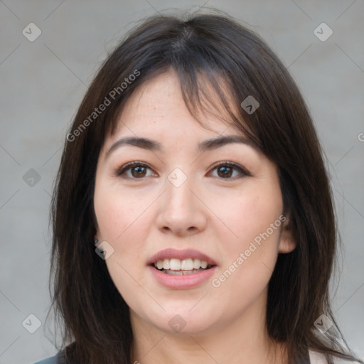 Joyful white young-adult female with medium  brown hair and brown eyes