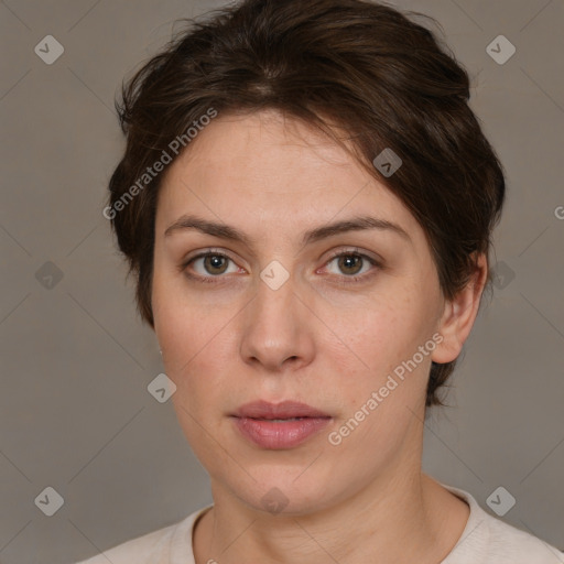 Neutral white young-adult female with short  brown hair and brown eyes