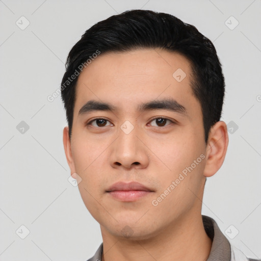 Neutral asian young-adult male with short  black hair and brown eyes