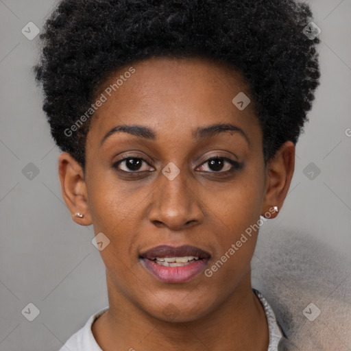 Joyful black young-adult female with short  brown hair and brown eyes