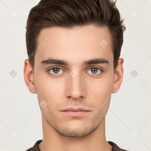 Neutral white young-adult male with short  brown hair and brown eyes