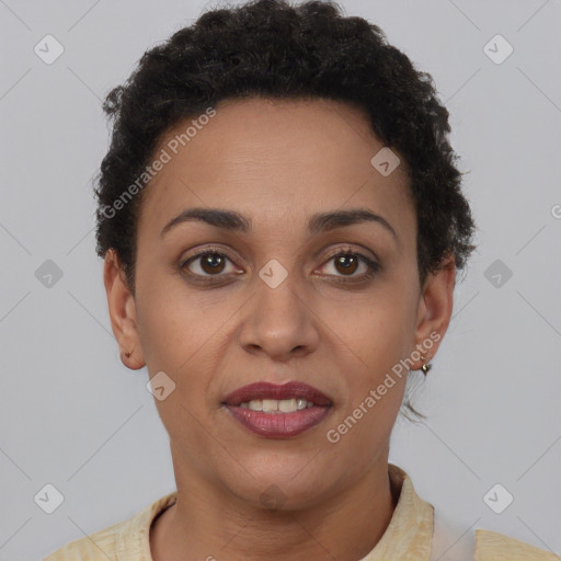 Joyful latino young-adult female with short  brown hair and brown eyes