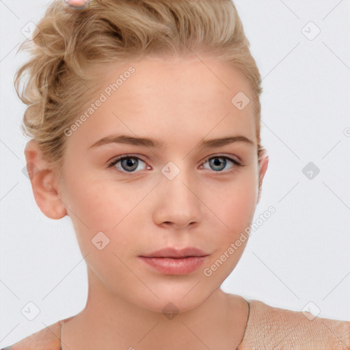 Neutral white young-adult female with short  brown hair and brown eyes