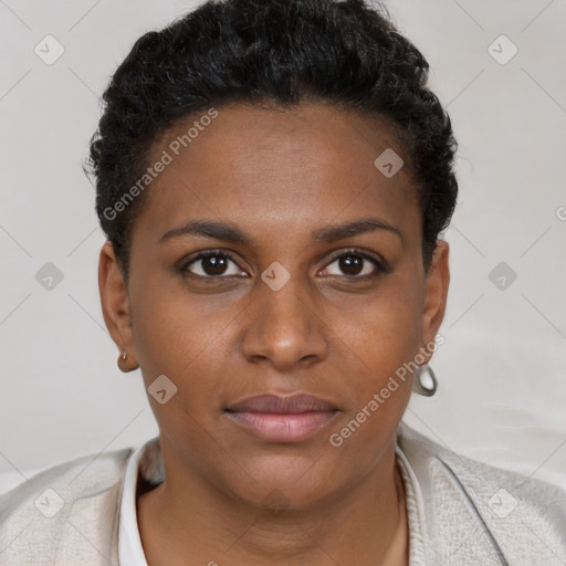 Neutral black young-adult female with short  brown hair and brown eyes