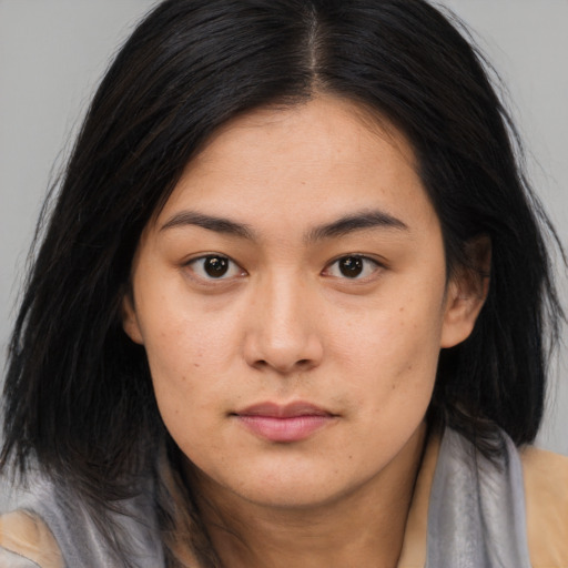 Neutral asian young-adult female with long  brown hair and brown eyes