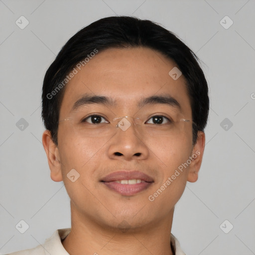 Joyful asian young-adult male with short  black hair and brown eyes