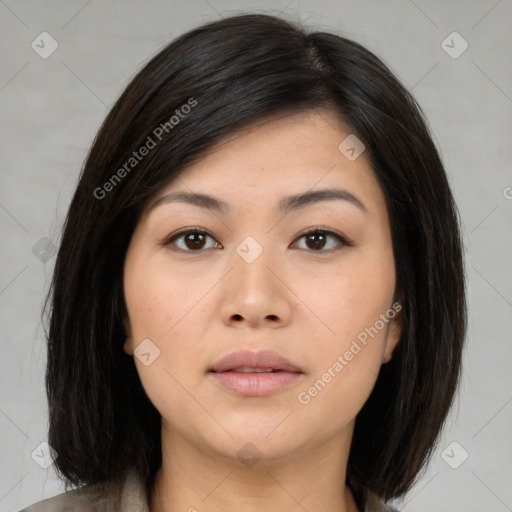 Neutral asian young-adult female with medium  brown hair and brown eyes