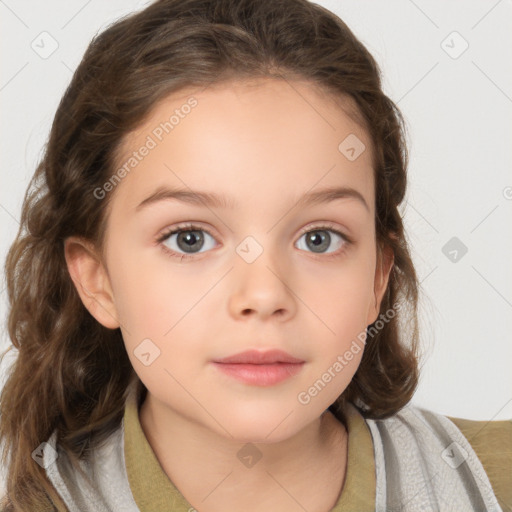 Neutral white child female with medium  brown hair and grey eyes