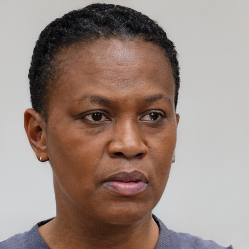 Neutral black adult female with short  brown hair and brown eyes
