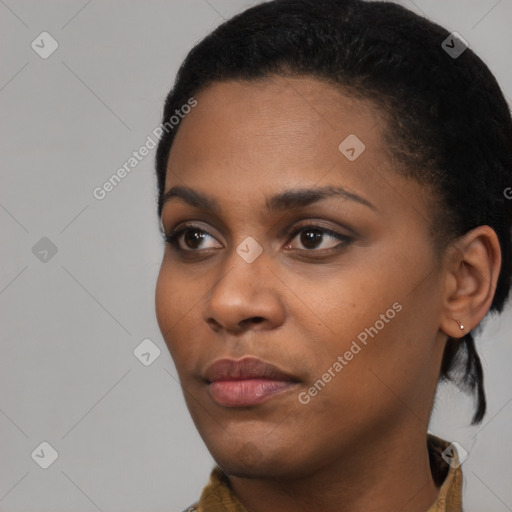 Neutral black young-adult female with short  black hair and brown eyes