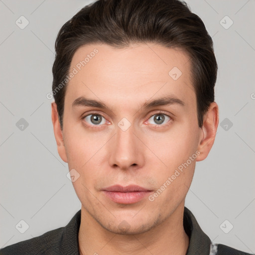 Neutral white young-adult male with short  brown hair and brown eyes