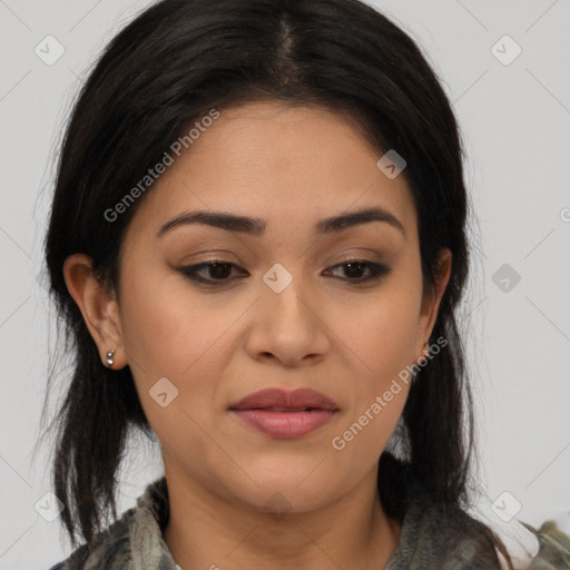 Joyful latino young-adult female with medium  brown hair and brown eyes