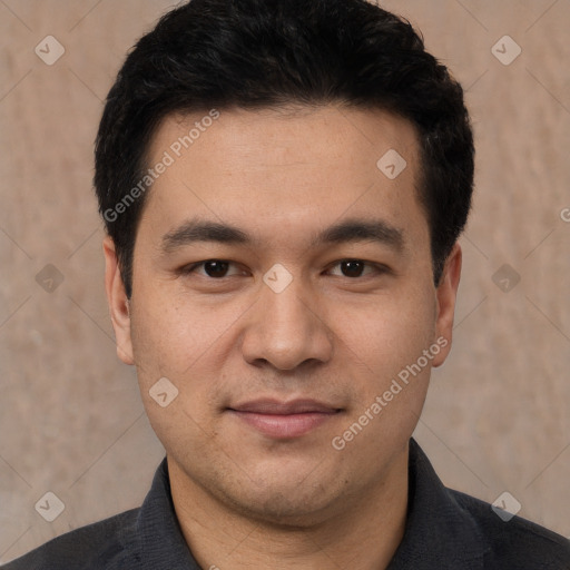 Joyful white young-adult male with short  black hair and brown eyes