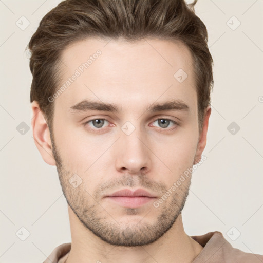 Neutral white young-adult male with short  brown hair and grey eyes