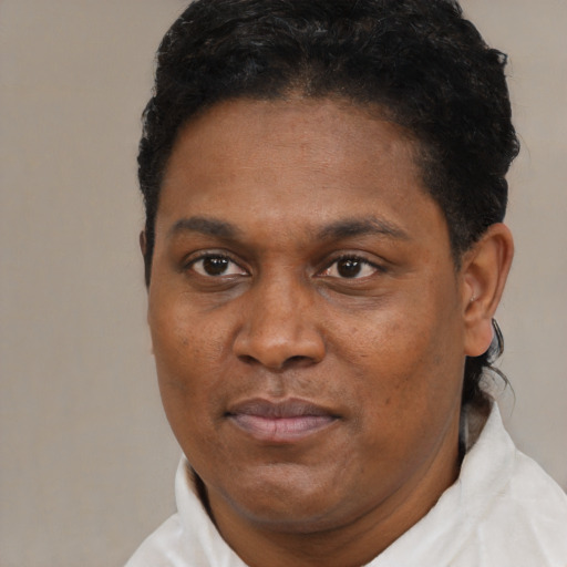 Joyful black adult male with short  brown hair and brown eyes