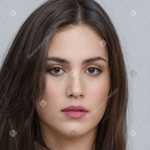 Neutral white young-adult female with long  brown hair and brown eyes