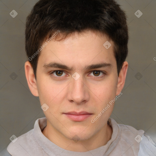 Neutral white young-adult male with short  brown hair and brown eyes