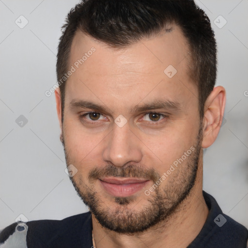 Neutral white young-adult male with short  brown hair and brown eyes