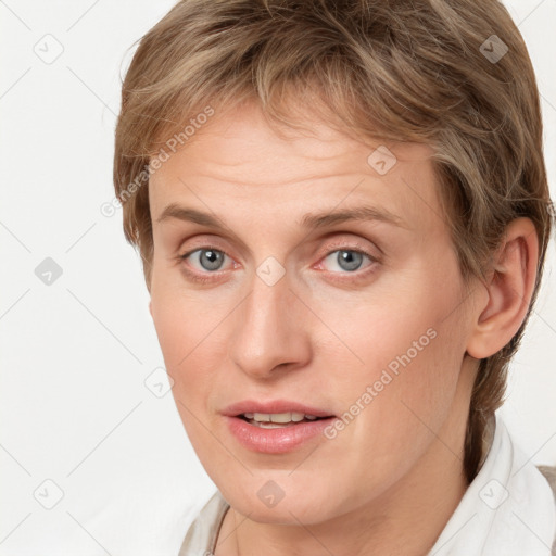 Joyful white young-adult female with medium  brown hair and blue eyes