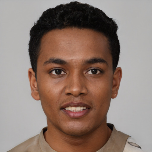 Neutral black young-adult male with short  black hair and brown eyes
