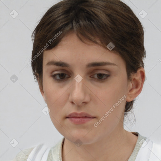 Neutral white young-adult female with medium  brown hair and brown eyes