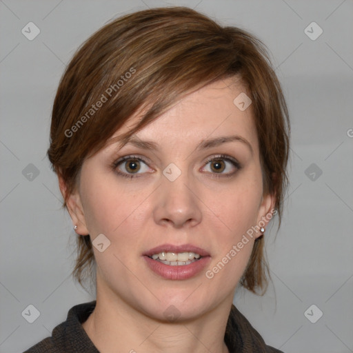 Joyful white young-adult female with medium  brown hair and grey eyes