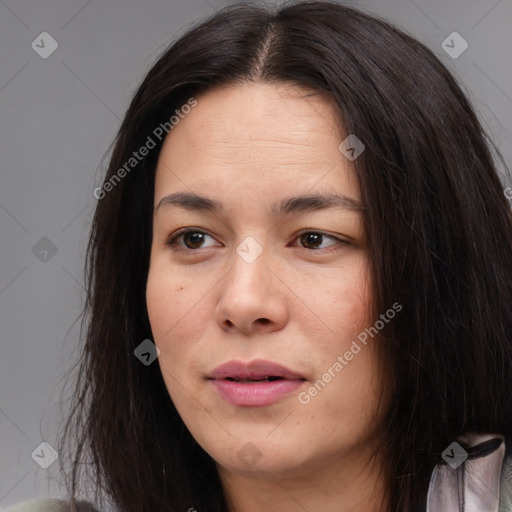 Neutral white young-adult female with long  brown hair and brown eyes