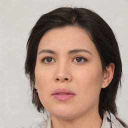 Neutral asian young-adult female with medium  brown hair and brown eyes