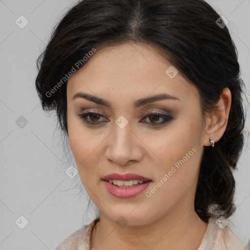 Joyful white young-adult female with long  brown hair and brown eyes